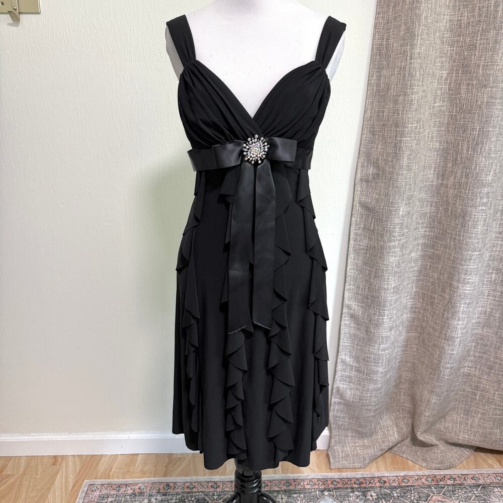 Vintage Betsy & Adam Y2K Formal Mini Dress 6 Black Ruffle Rhinestone Brooch HOCO